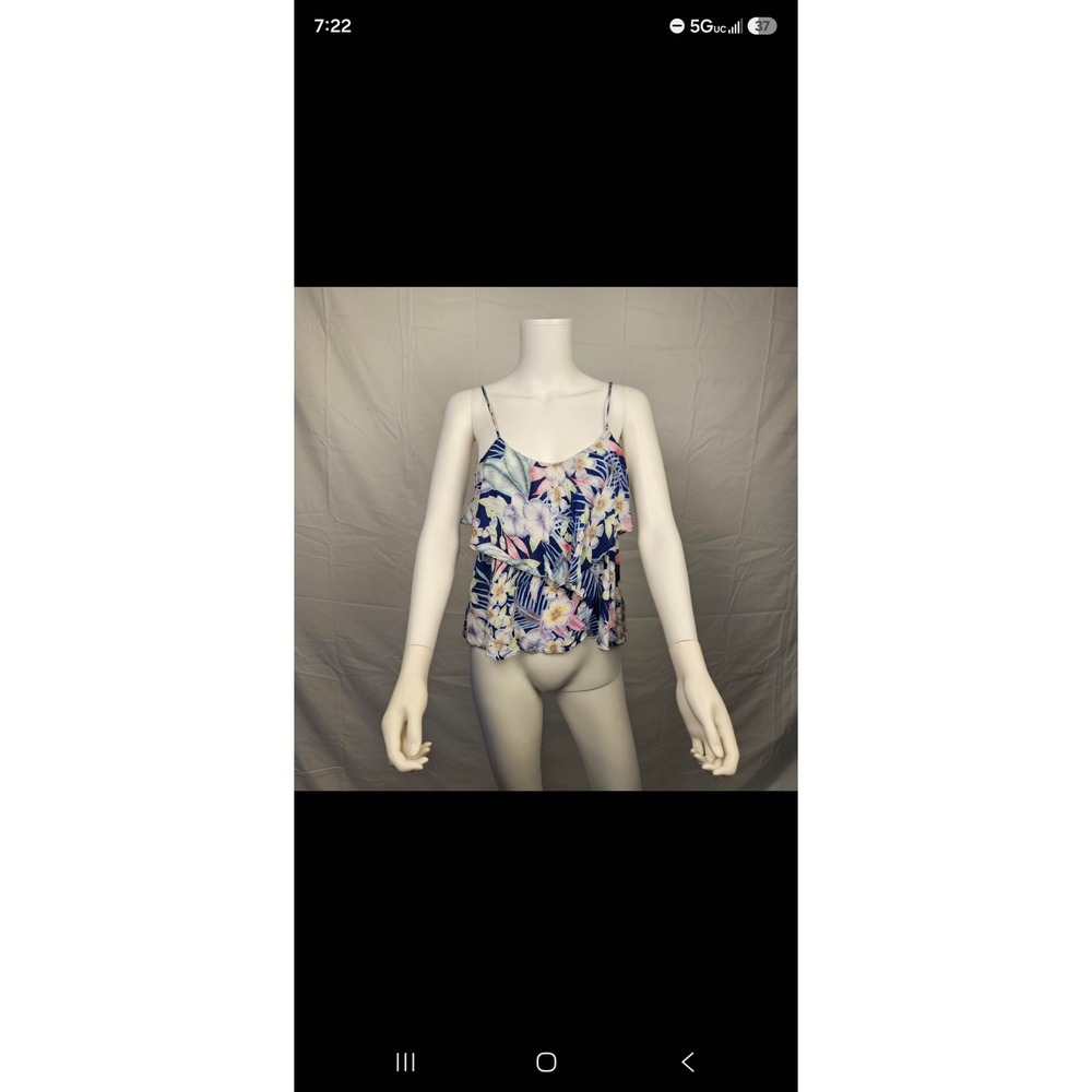 American Eagle Floral Ruffle Cami Top Blue Tropical Spaghetti Strap Small